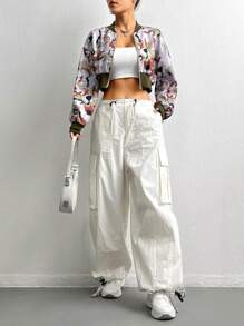 SHEIN Unity Camo Print Drop Shoulder Crop Bomber Jacket - Multicolor - View 6