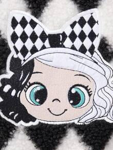 SHEIN Young Girl Embroidery Cartoon Pattern Teddy Sweatshirt & Skirt - Black and White - View 5