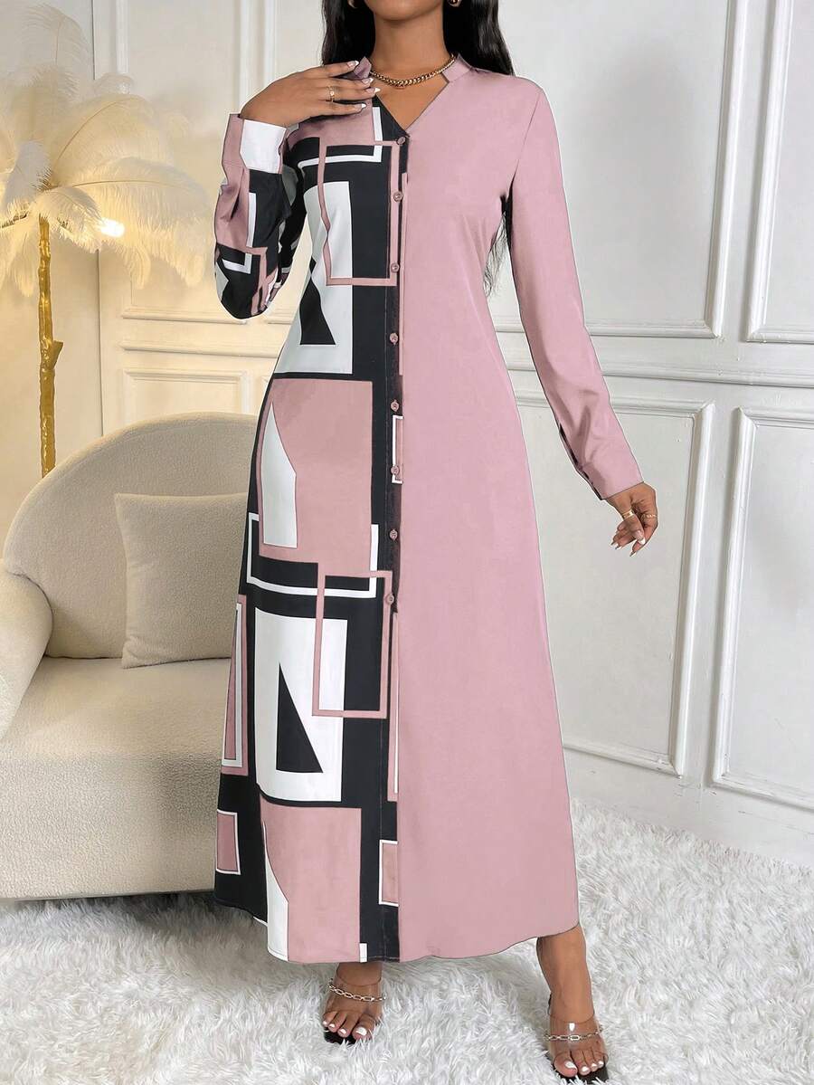 SHEIN Lady Geo Print Button Front Shirt Dress - Baby Pink - View 1