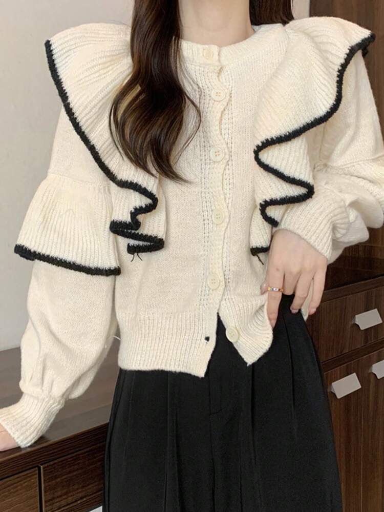 撞色荷叶边开衫、长袖上衣 - 杏色 - 查看 4