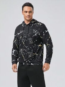 GENTILAND Men Plus Splash Ink Print Drawstring Hoodie - Black - View 1