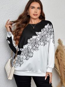 EMERY ROSE 休閒花卉印花 植物大碼運動衫 - 黑與白 - 查看 1