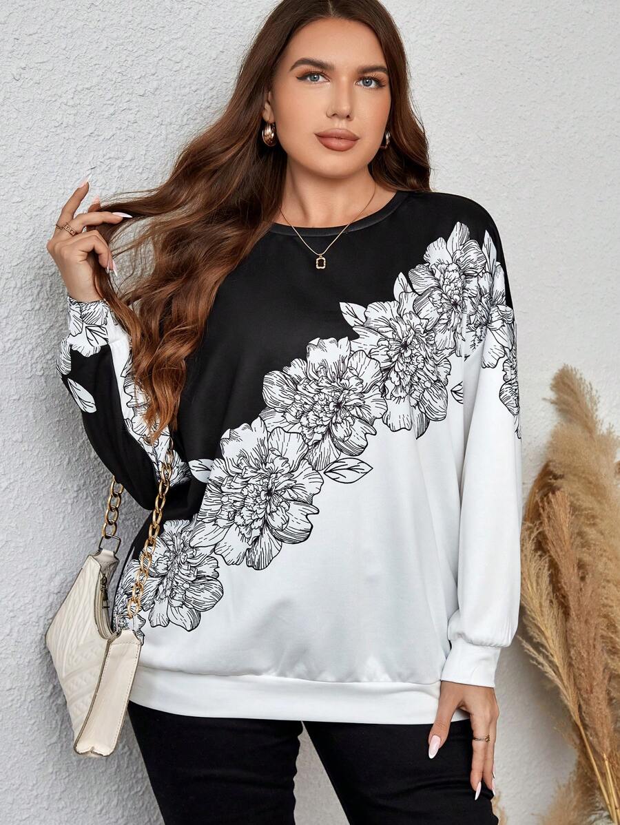 EMERY ROSE 休閒花卉印花 植物大碼運動衫 - 黑與白 - 查看 1