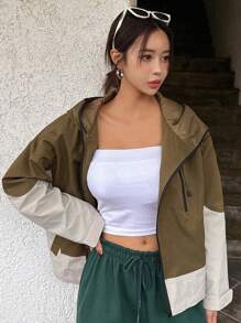 DAZY 撞色拉鏈開襟抽繩連帽夾克 - 棕色 - 查看 1