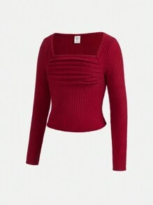 青少年女孩方領胸部褶皺T恤適用於聖誕 - 紅色 - 查看 3