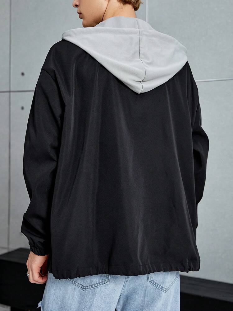 Loose-Fit Men's Letter Graphic Zipper Closure Drawstring Hooded Jacket