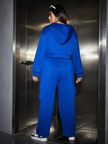 SHEIN EZwear Plus Drop Shoulder Drawstring Hoodie & Flap Pocket Side Sweatpants - Royal Blue - View 2
