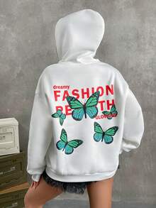 SHEIN EZwear 蝴蝶和字母圖案落肩袖連帽衫 - 白色 - 查看 2