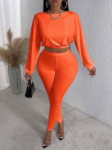 Slaydiva 落肩袖短款運動衫&緊身打底褲 - 亮橙色 - 查看 1