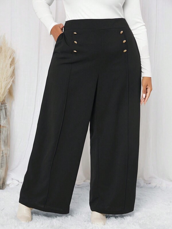 SHEIN CURVE+ Talla grande Pantalones de pierna ancha de talle alto con diseño de botón