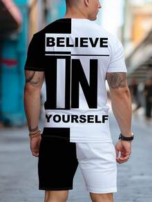 Manfinity Homme Men Plus Letter Graphic Two Tone Tee & Shorts - Black and White - View 2