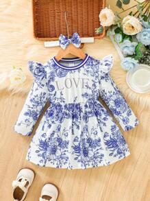 SHEIN 女嬰花和字母圖案荷葉邊洋裝和頭巾 - 藍色 - 查看 1