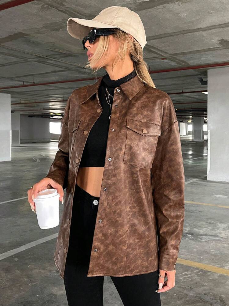 Tie Dye Drop Shoulder Flap Pocket Coat Fall Cloth For Women