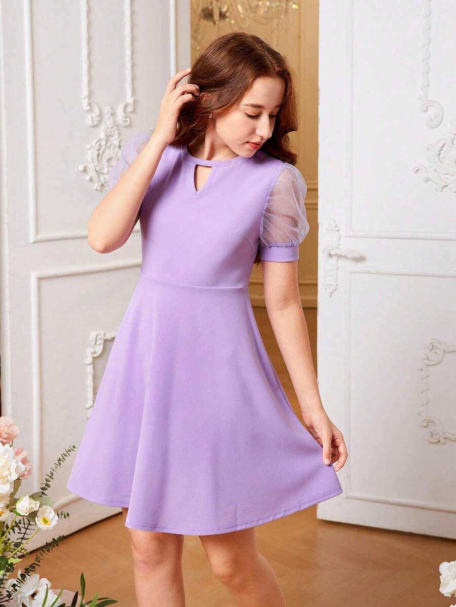 SHEIN Leap Crew Teen Girl Keyhole Neckline Contrast Mesh Puff Sleeve Dress - Mauve Purple - View 1