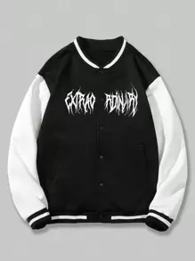 ROMWE MEN Goth Guys Skeleton & Slogan Graphic Striped Trim Drop Shoulder Varsity Jacket - Black - View 2