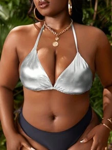 Swim SXY Summer Beach Plus Metallic Tie Backless Halter Triangle Bikini Top