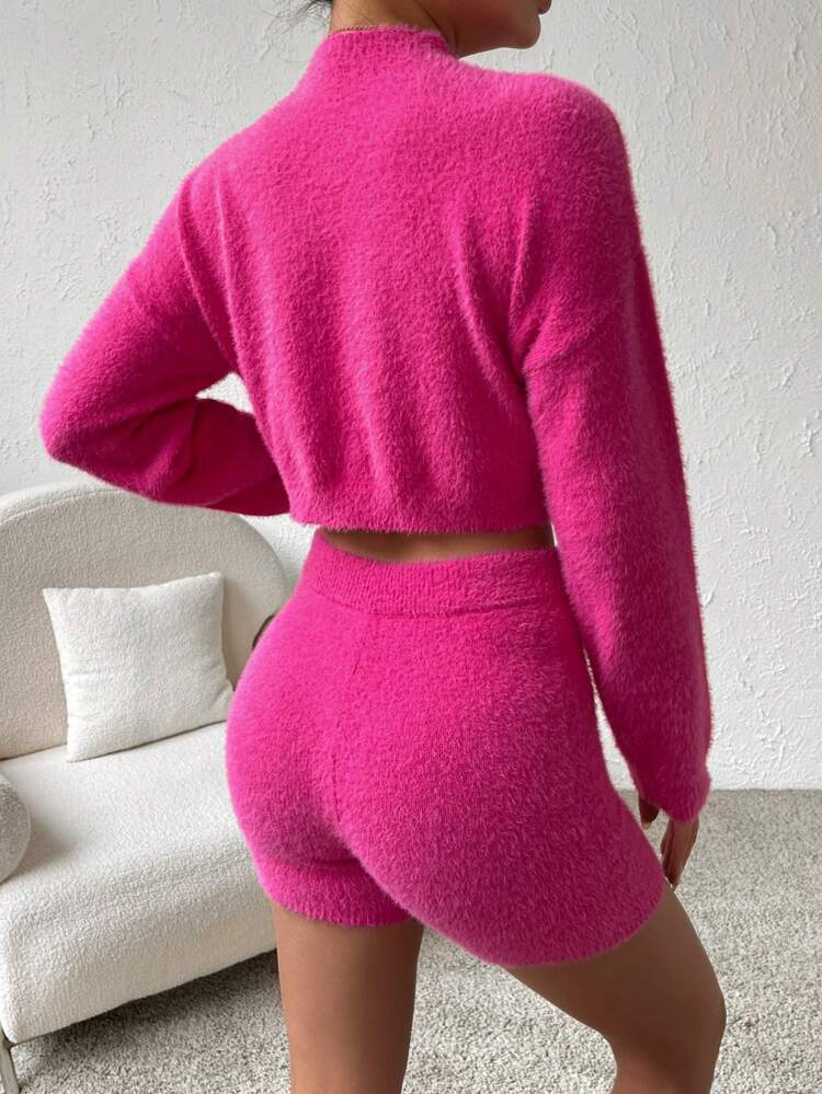 Mock Neck Drop Shoulder Crop Sweater & Knit Shorts Fall Cloth For Women