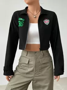SHEIN EZwear 字母圖案拉鏈開襟短夾克 - 黑色 - 查看 1