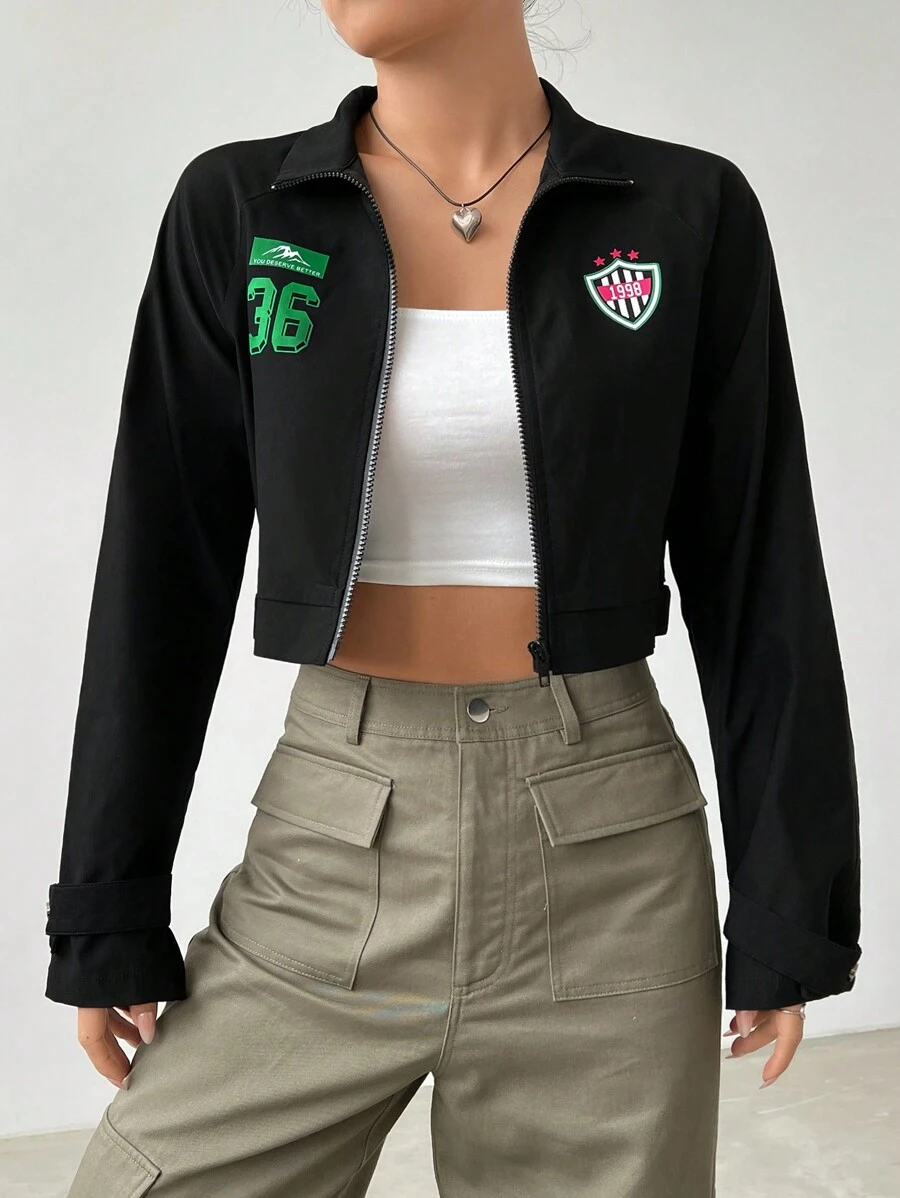 SHEIN EZwear 字母圖案拉鏈開襟短夾克 - 黑色 - 查看 1