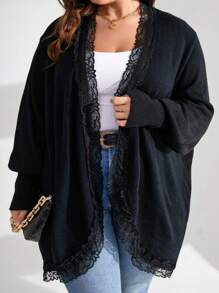 SHEIN LUNE Plus Contrast Lace Batwing Sleeve Duster Cardigan - Black - View 1
