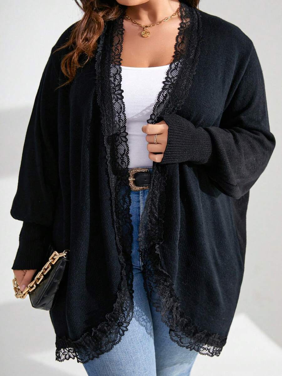 SHEIN LUNE Plus Contrast Lace Batwing Sleeve Duster Cardigan - Black - View 1