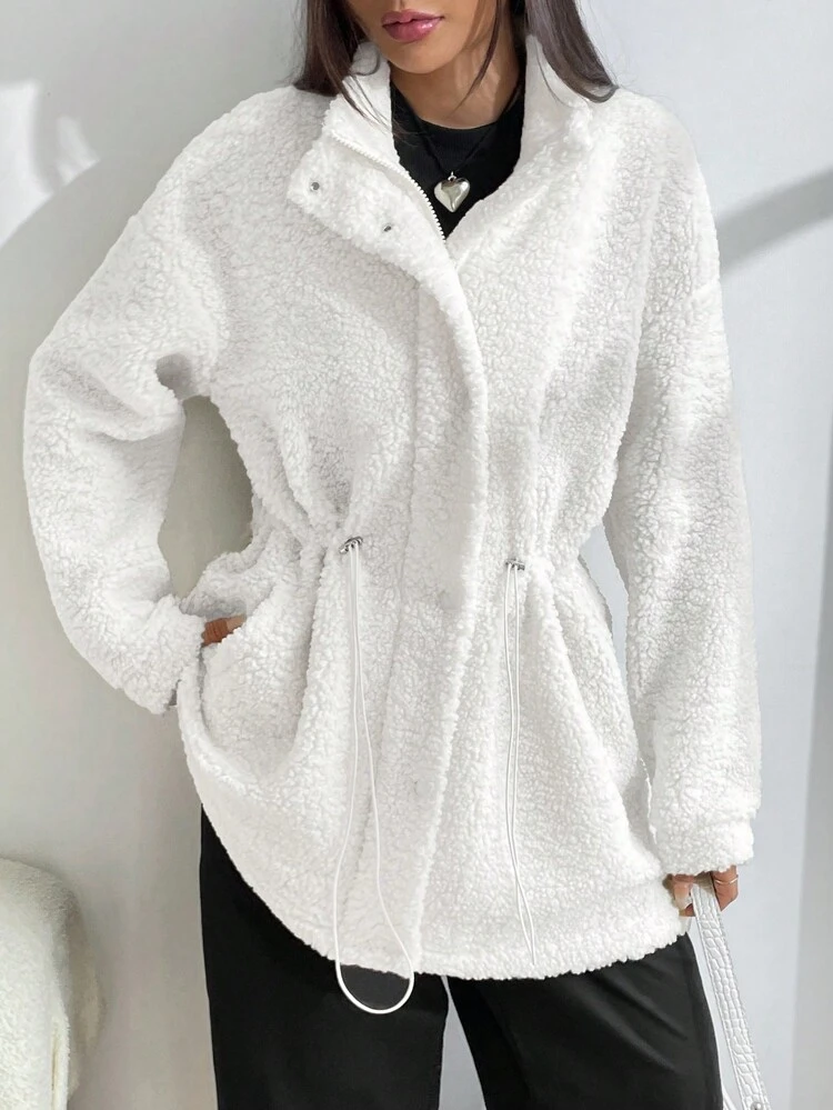 Drop Shoulder Drawstring Waist Teddy Coat
