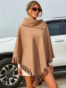 EURMUSE Solid Fringe Trim Asymmetrical Hem Cape Coat - Camel - View 4