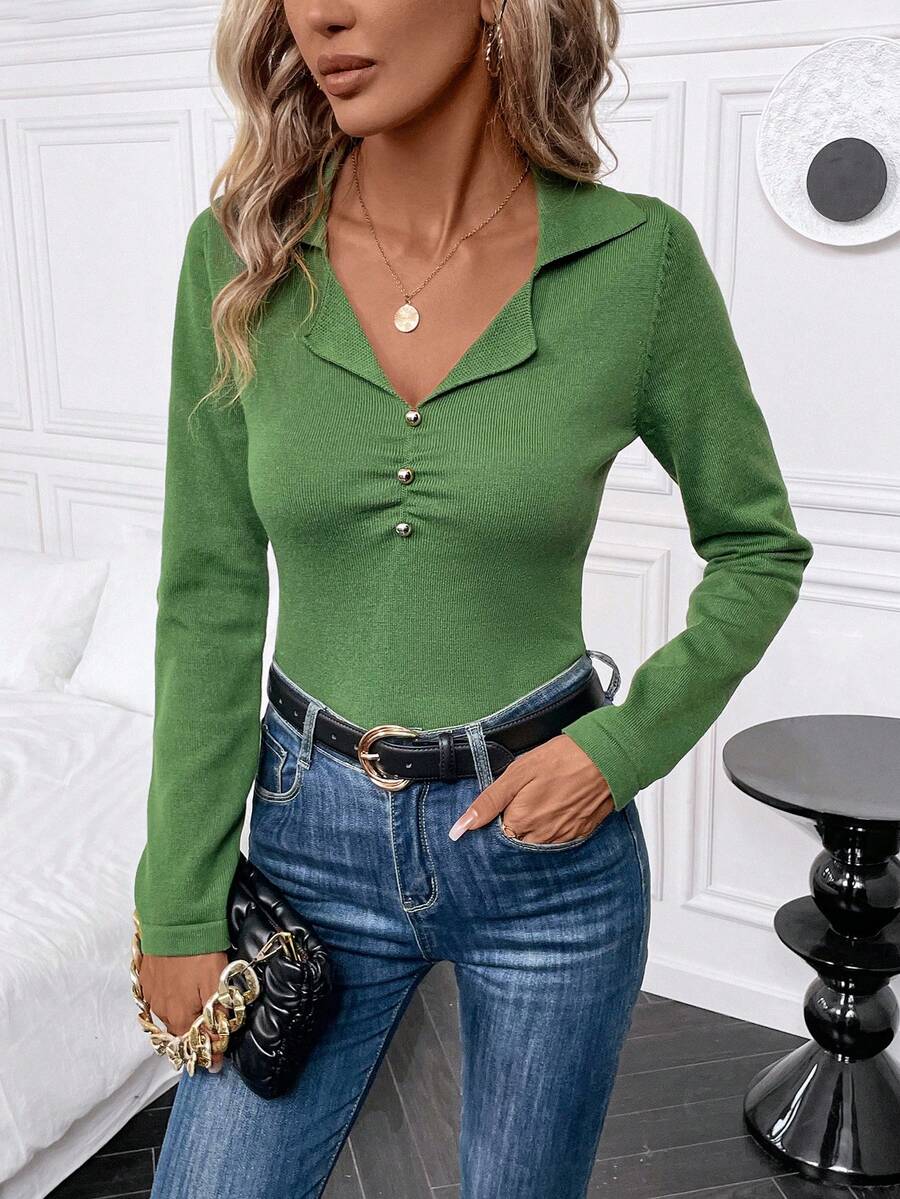 SHEIN Clasi 素色紐扣細節條紋針織套頭毛衣 - 綠色 - 查看 1