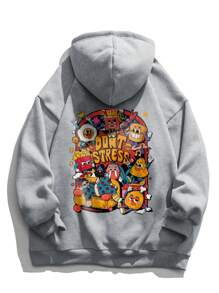 男士卡通字母图案口袋抽绳连帽衫，秋季款，长袖上衣 - 灰色 - 查看 1