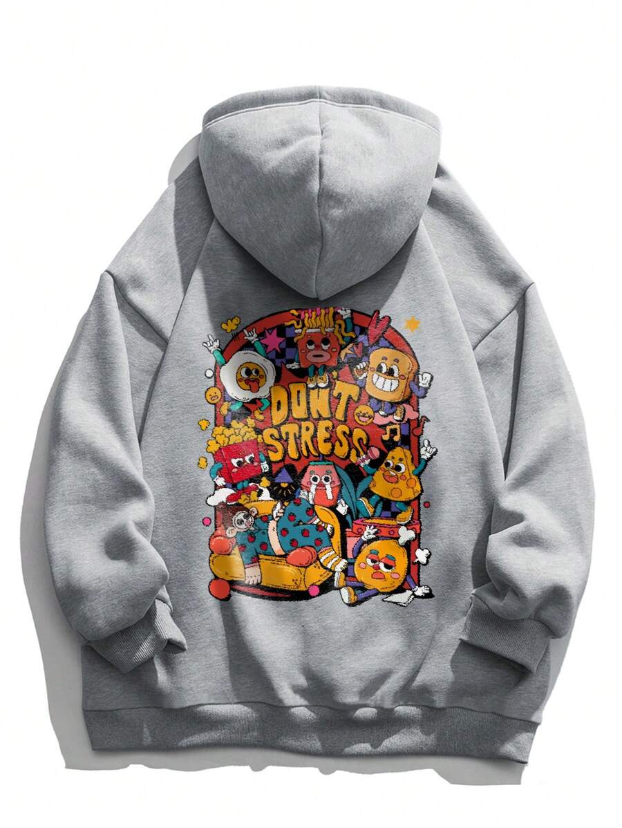 男士卡通字母图案口袋抽绳连帽衫，秋季款，长袖上衣 - 灰色 - 查看 1