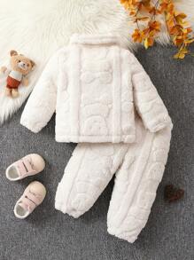 Baby Girl Bear Embroidery Dual Pocket Teddy Jacket & Pants - Beige - View 2