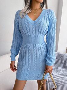 Cable Knit Drop Shoulder Sweater Dress - Blue - View 5