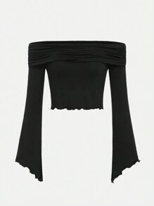 SHEIN Girlism Teen Girl Off Shoulder Lettuce Trim Ruched Tee - Black - View 1