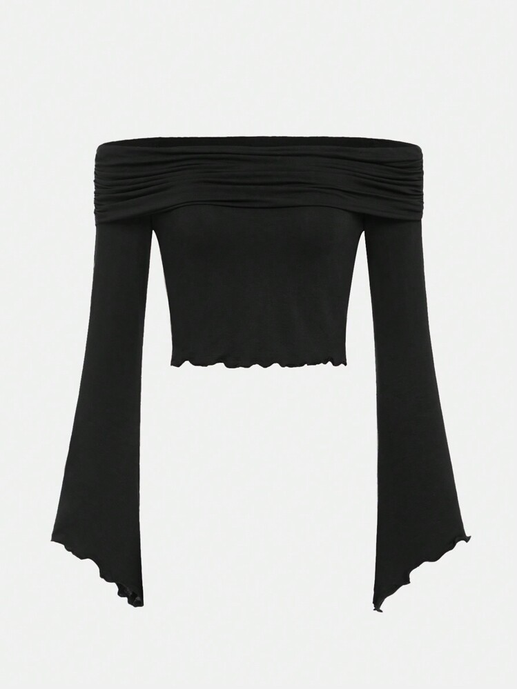 SHEIN Girlism 青少年女孩一字肩木耳邊褶邊T恤 - 黑色 - 查看 1