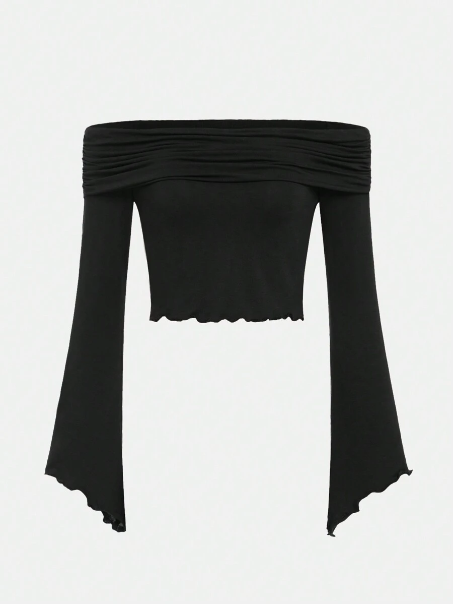 SHEIN Girlism Teen Girl Off Shoulder Lettuce Trim Ruched Tee - Black - View 1