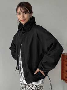 FRIFUL 插肩袖抽繩下擺抽繩下擺拉鍊按扣連帽夾克 - 黑色 - 查看 1