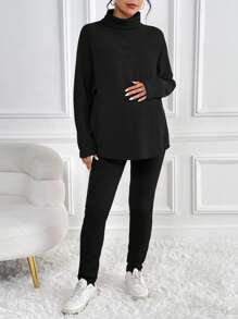 SHEIN Maternity Turtleneck Batwing Sleeve Tee & Adjustable Waist Leggings, For Winter - Black - View 5