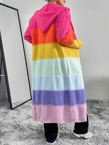 SHEIN Unity Colorblock Drop Shoulder Hooded Duster Cardigan - Multicolor - View 2