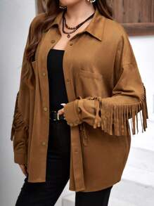 EMERY ROSE Plus Fringe Trim Drop Shoulder Jacket - Brown - View 3