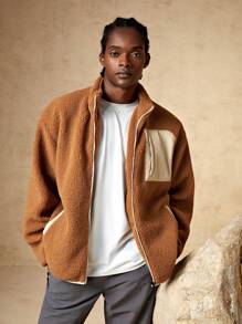 In My Nature 男士拼接面落肩袖拉鍊戶外搖粒絨夾克 - 卡其色 - 查看 7