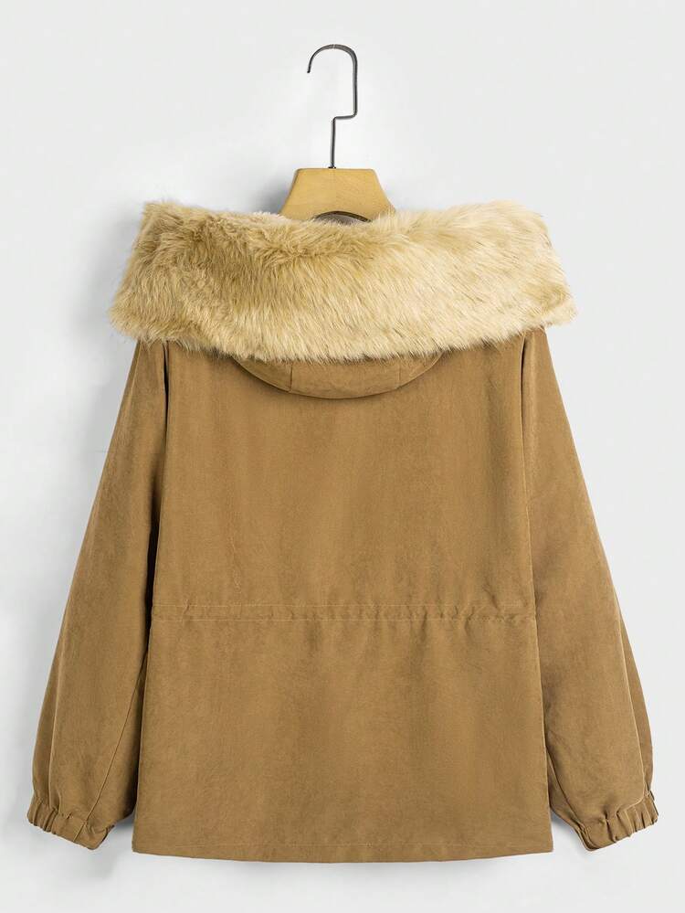 Oversized Men Drawstring Waist Fuzzy Trim Hooded Thermal Parka Coat, For Fall Winter