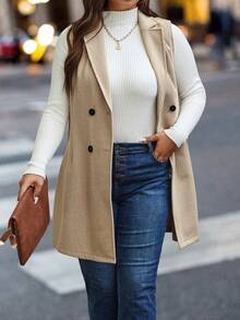 Calvaya 大碼雙排釦馬甲西裝外套 - 卡其色 - 查看 4