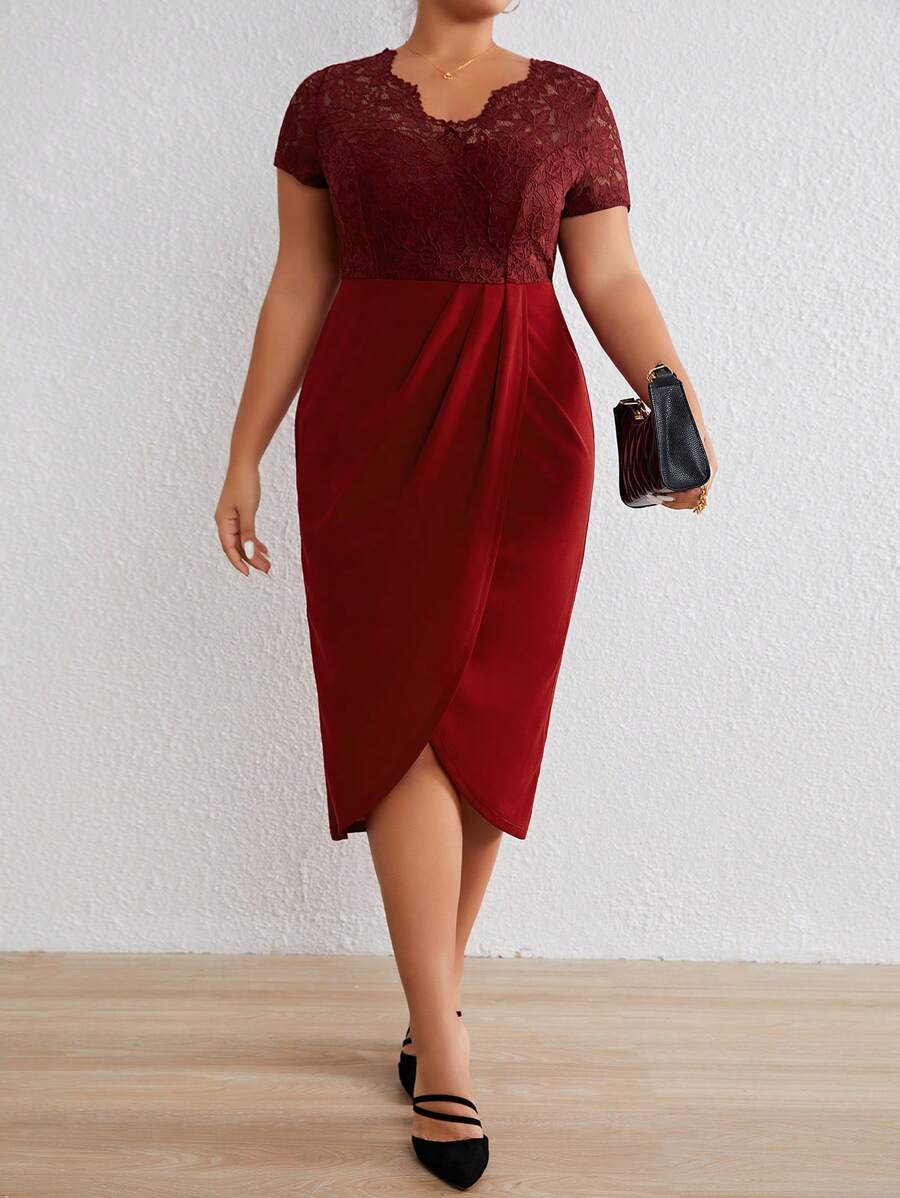 SHEIN Frenchy Plus Contrast Lace Wrap Hem Dress - Burgundy - View 1