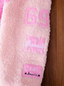 SHEIN Cô Gái Trẻ Thêu Khẩu hiệu Sọc trang trí Áo Teddy Jackets - Hồng - Xem 6