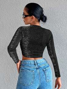 RueChic Lưới tương phản Áo phông Crop - màu đen - Xem 5