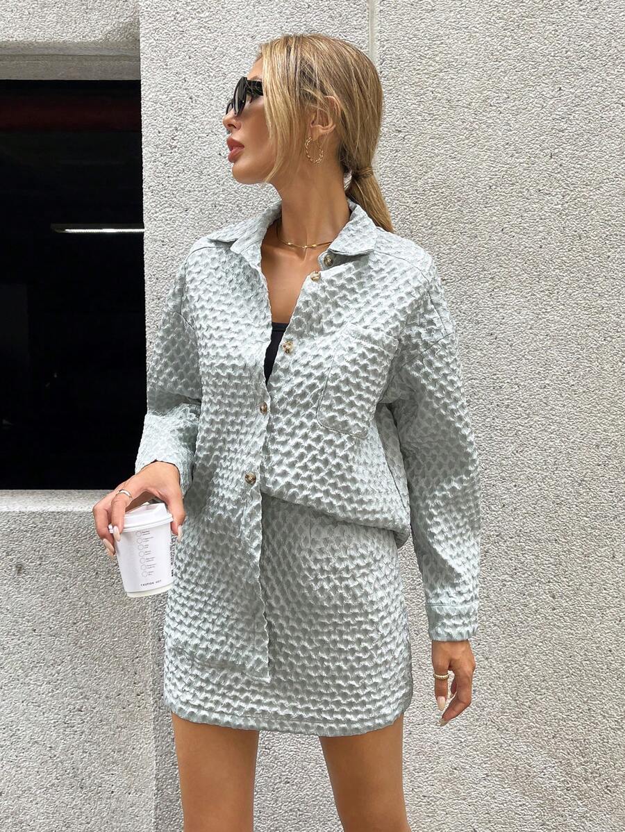 Aveloria Camisa unicolor con botón delantero & Falda - Verde - Ver 1