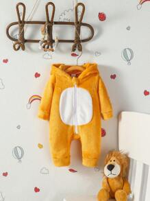 SHEIN 男嬰雙色拉鏈開襟連帽搖粒絨裝扮連體衣 - 黃色 - 查看 1