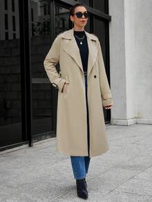 SHEIN Essnce Buckle Sleeve Double Breasted Trench Coat - Camel - View 6