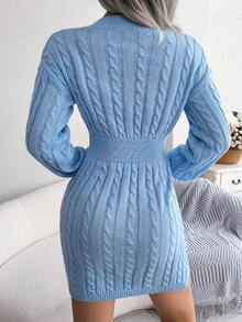 Cable Knit Drop Shoulder Sweater Dress - Blue - View 2