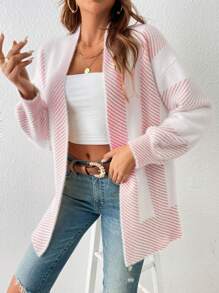 SHEIN Frenchy 条纹落肩开衫 - 粉色 - 查看 1